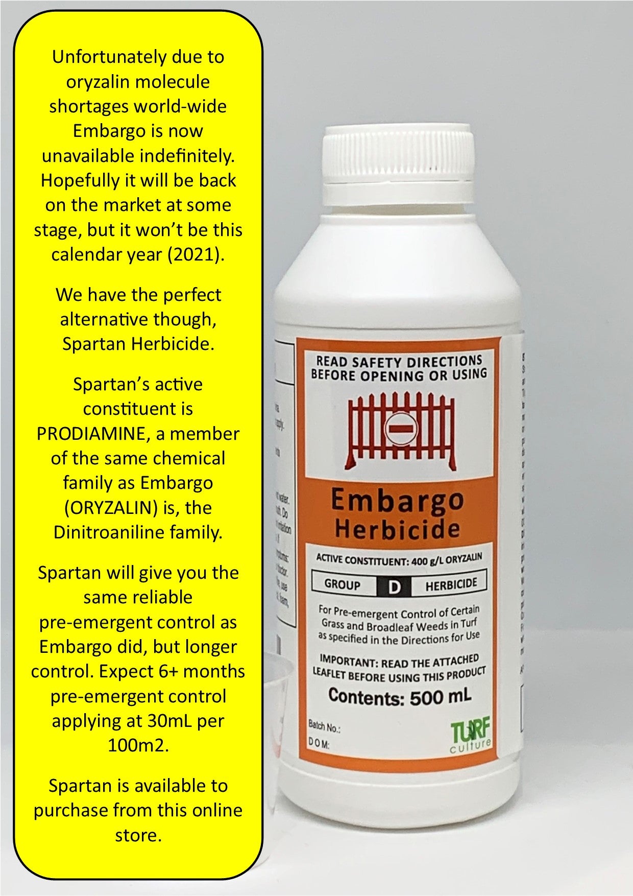 oryzalin pre emergent herbicide Embargo Herbicide 500mL – Turf Culture